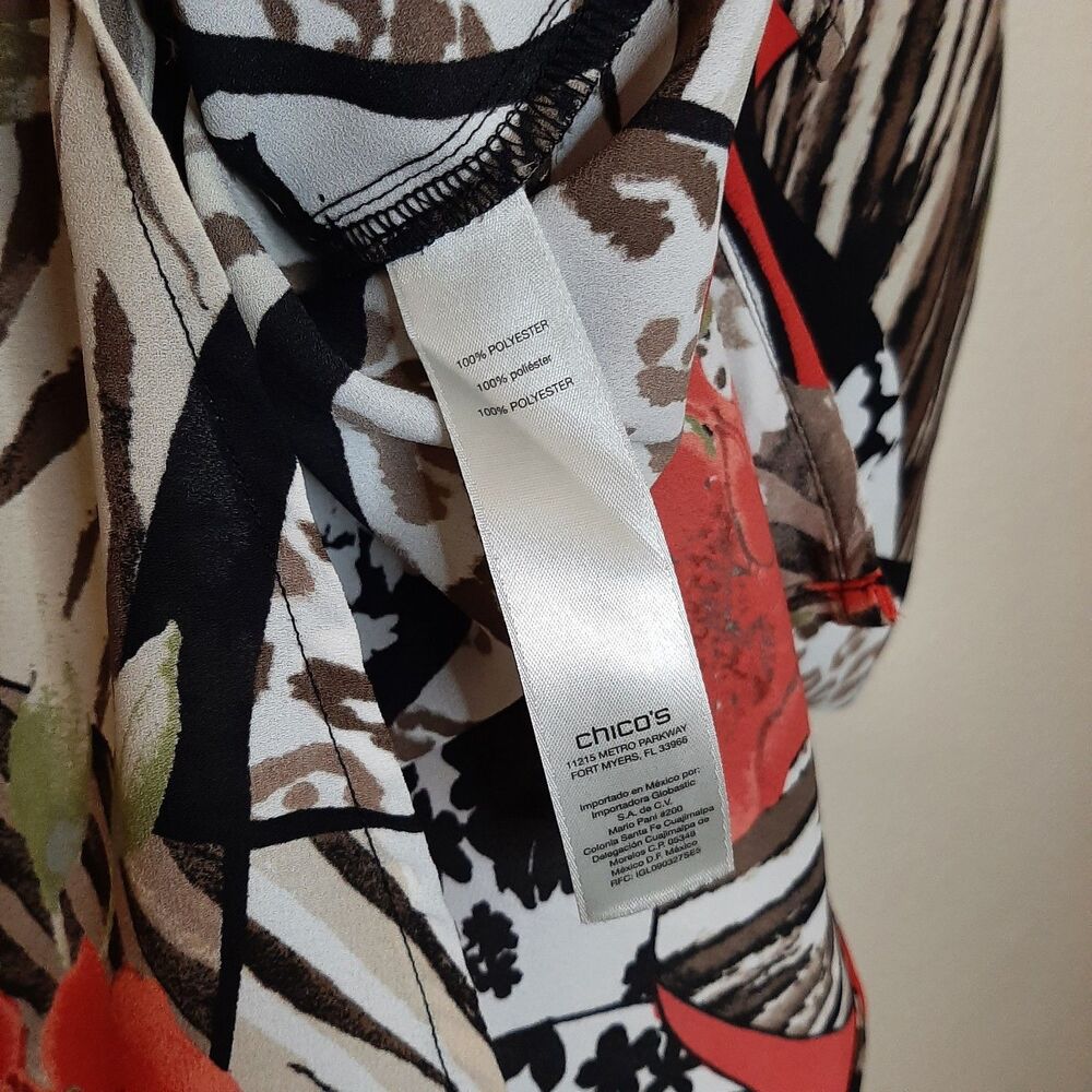 Chicos Women Asymmetrical Blouse Size 1 Multicolor Floral Roll Tab Sleeve - Picture 8 of 11
